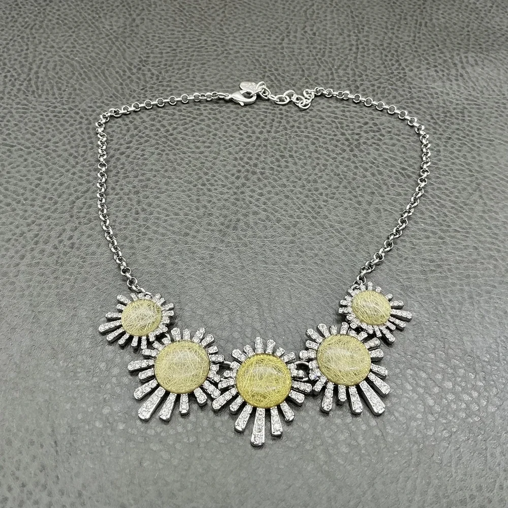 Ann Taylor Necklace Silver Tone Yellow Resin Rhinestone Sunburst‎ Bib Womens 18